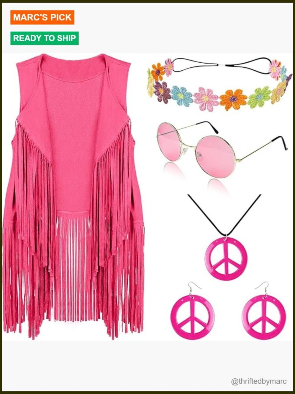 Women's 60s 70s Hippie Costume Set with Fringe Vest & Accessories